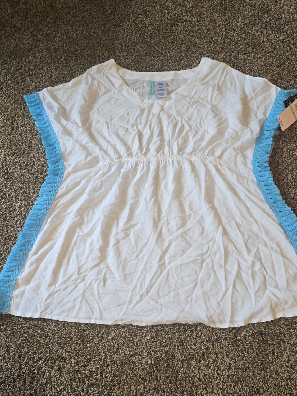 Breaking Waves Girls White Swim Coverup with Blue Fringe